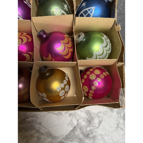 Vtg Pyramid Glass Ornaments Box 11 Stencil Glitter Solid Xmas USA READ Pink Blu - Picture 6 of 9